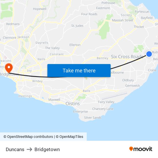 Duncans to Bridgetown map