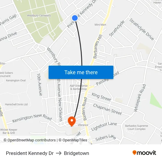 President Kennedy Dr to Bridgetown map