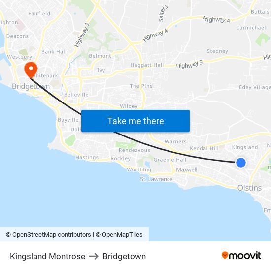 Kingsland Montrose to Bridgetown map