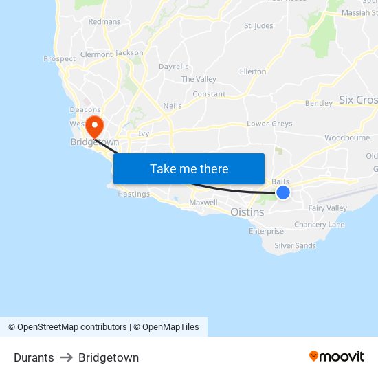 Durants to Bridgetown map