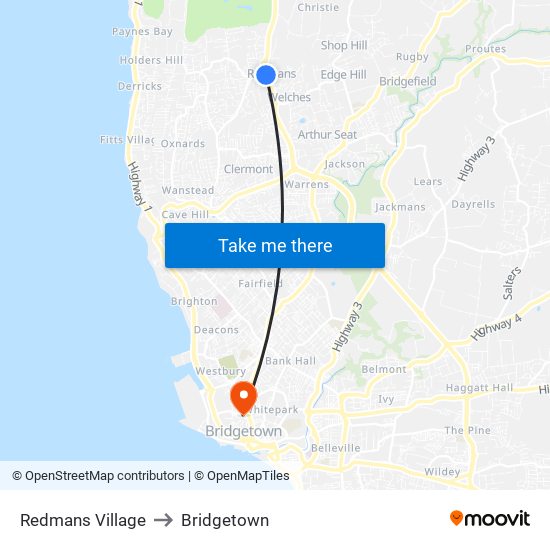 Redmans Village to Bridgetown map