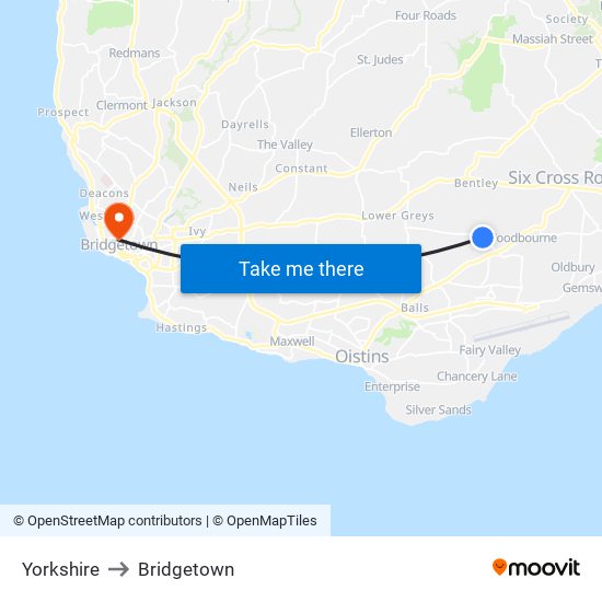 Yorkshire to Bridgetown map