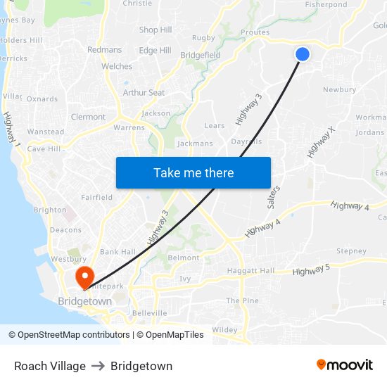 Roach Village to Bridgetown map