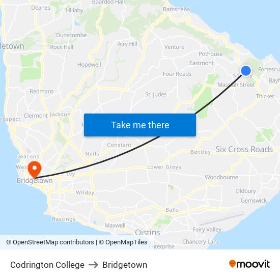 Codrington College to Bridgetown map