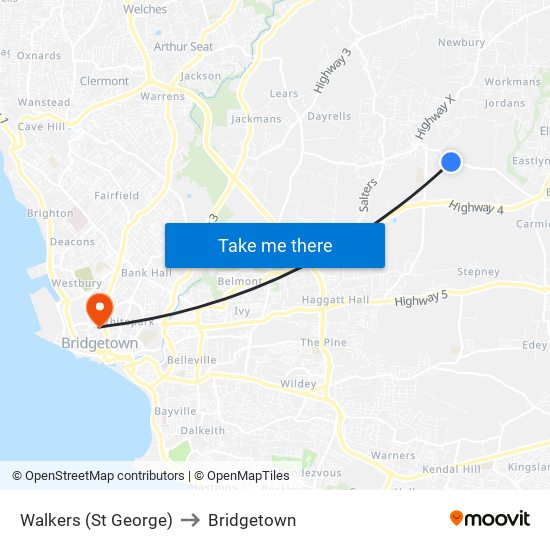 Walkers (St George) to Bridgetown map