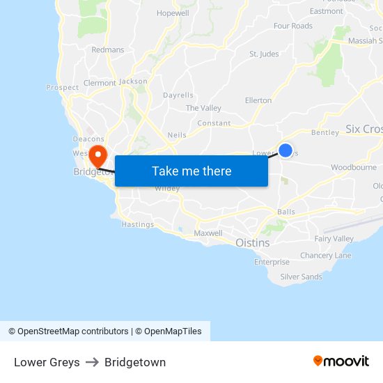 Lower Greys to Bridgetown map