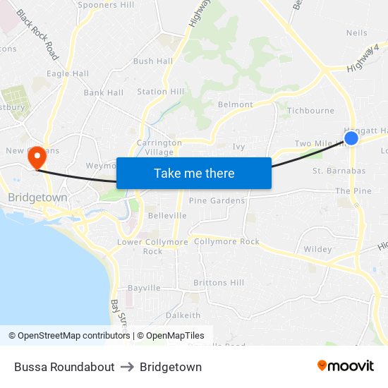 Bussa Roundabout to Bridgetown map