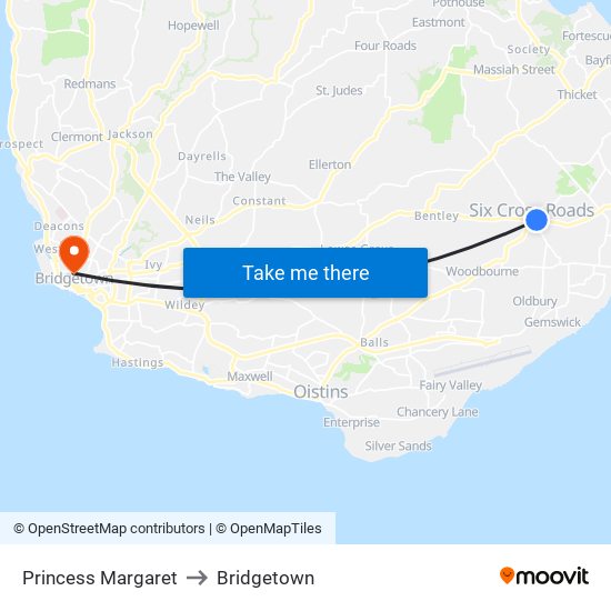 Princess Margaret to Bridgetown map