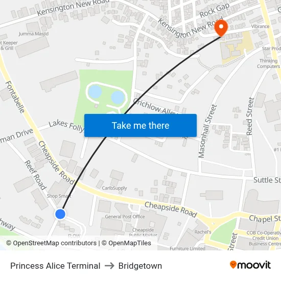 Princess Alice Terminal to Bridgetown map