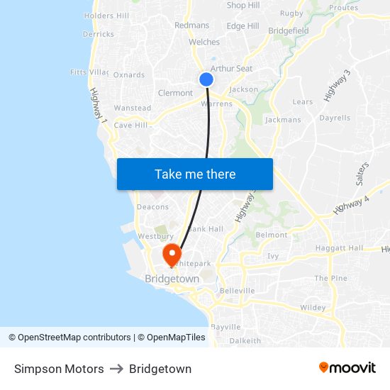 Simpson Motors to Bridgetown map