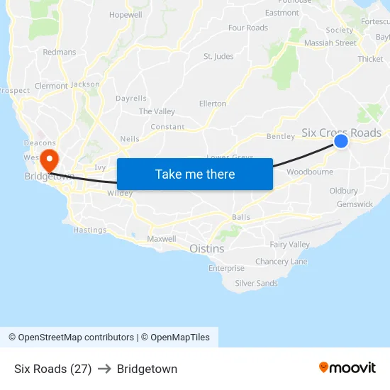 Six Roads (27) to Bridgetown map