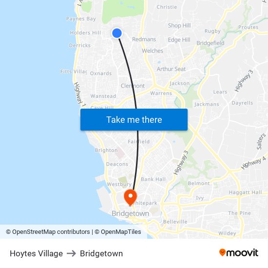 Hoytes Village to Bridgetown map