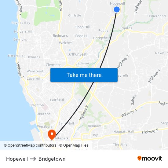 Hopewell to Bridgetown map