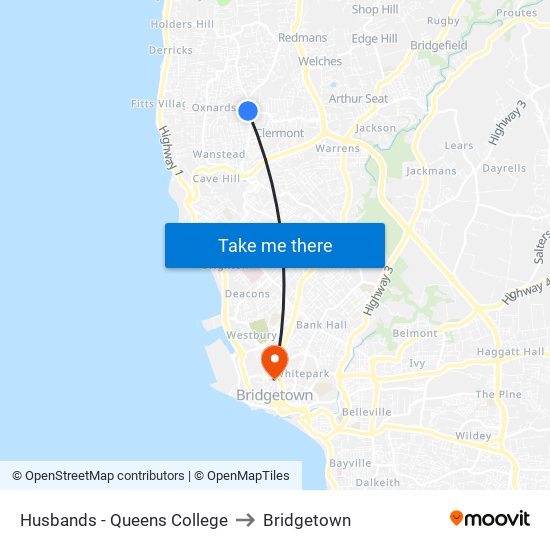 Husbands - Queens College to Bridgetown map