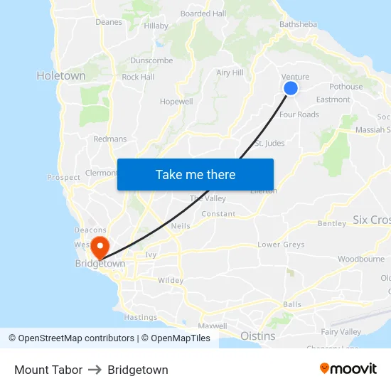 Mount Tabor to Bridgetown map