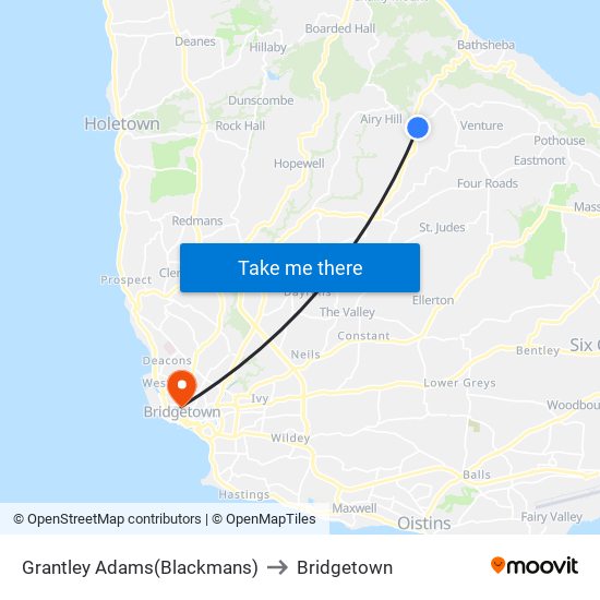 Grantley Adams(Blackmans) to Bridgetown map