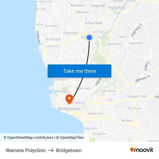 Warrens Polyclinic to Bridgetown map