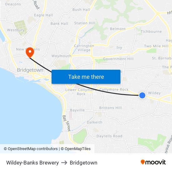 Wildey-Banks Brewery to Bridgetown map