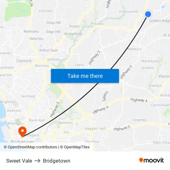 Sweet Vale to Bridgetown map