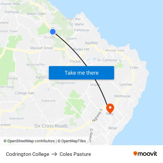 Codrington College to Coles Pasture map