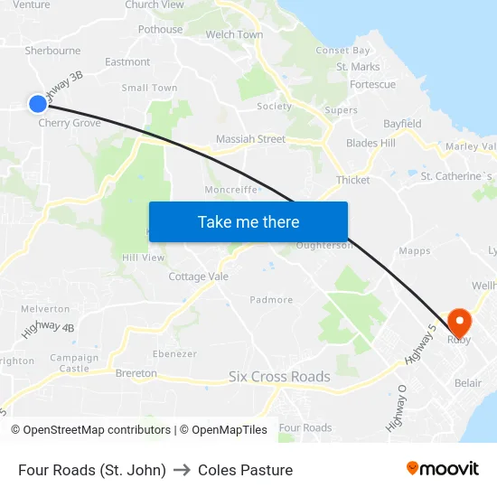 Four Roads (St. John) to Coles Pasture map