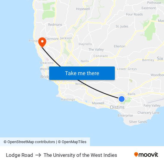 Lodge Road to The University of the West Indies map