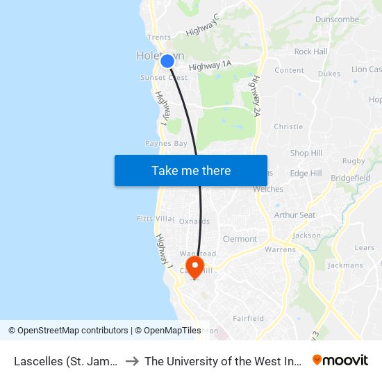 Lascelles (St. James) to The University of the West Indies map