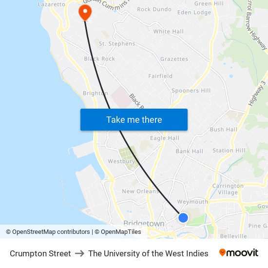 Crumpton Street to The University of the West Indies map