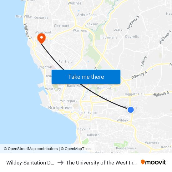 Wildey-Santation Dept to The University of the West Indies map