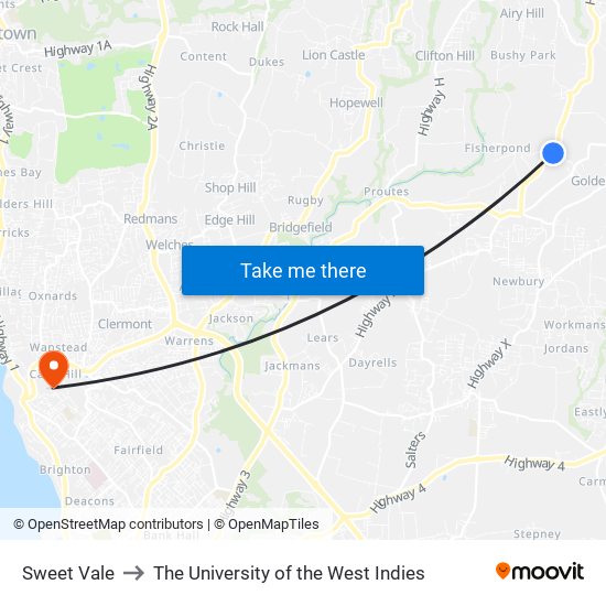 Sweet Vale to The University of the West Indies map