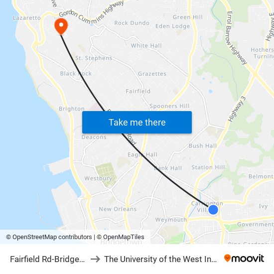 Fairfield Rd-Bridge Rd to The University of the West Indies map