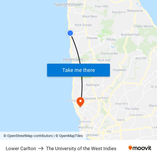 Lower Carlton to The University of the West Indies map
