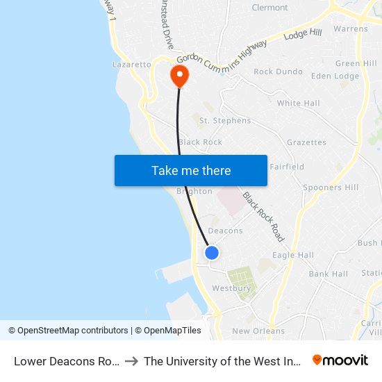 Lower Deacons Road to The University of the West Indies map