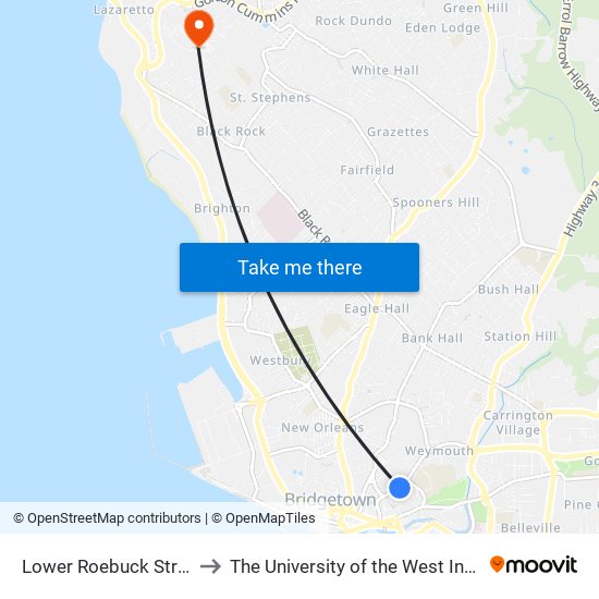 Lower Roebuck Street to The University of the West Indies map