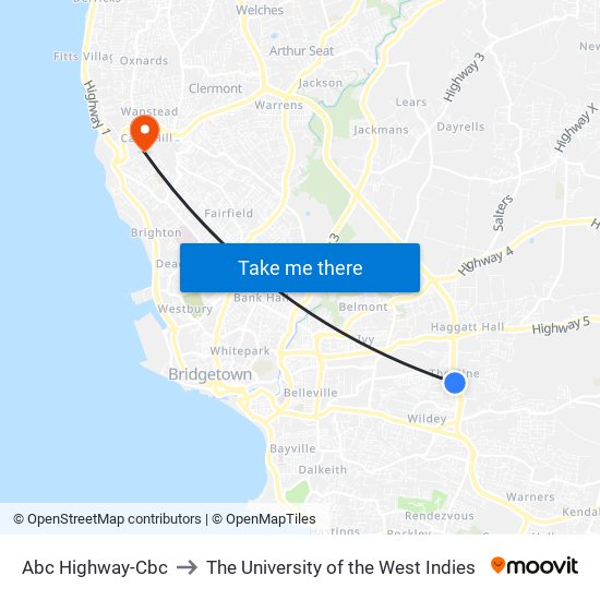 Abc Highway-Cbc to The University of the West Indies map