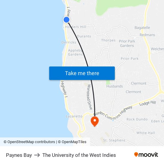 Paynes Bay to The University of the West Indies map