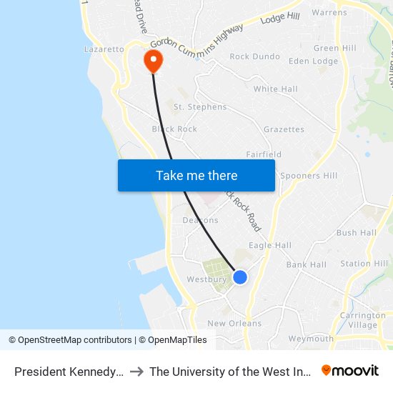 President Kennedy Dr to The University of the West Indies map