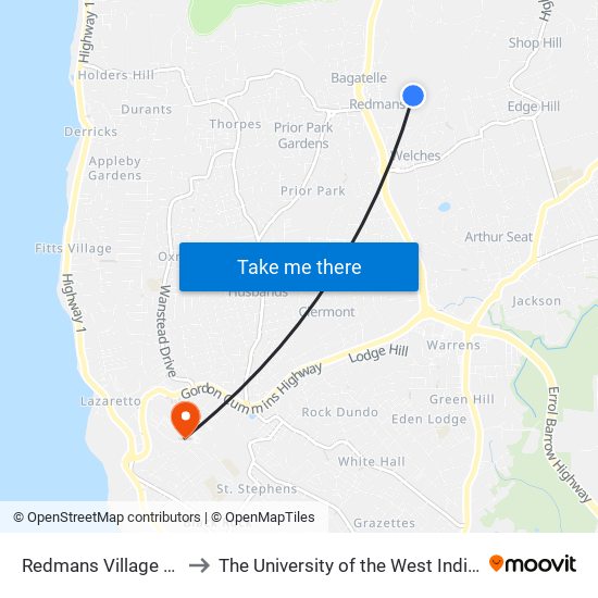 Redmans Village Tp to The University of the West Indies map