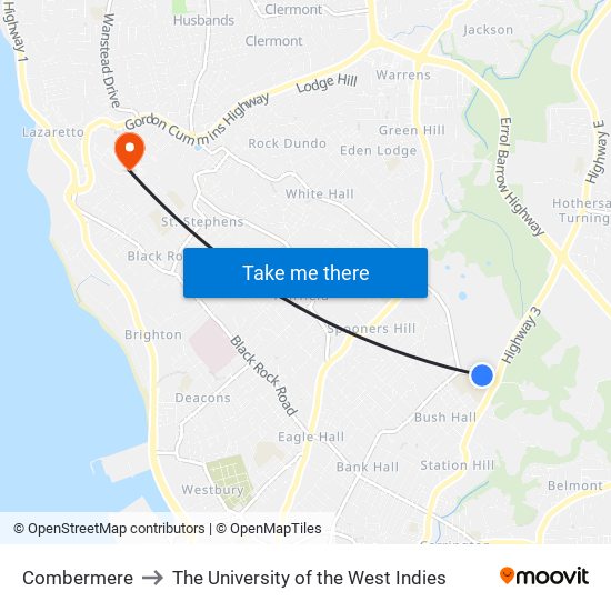 Combermere to The University of the West Indies map