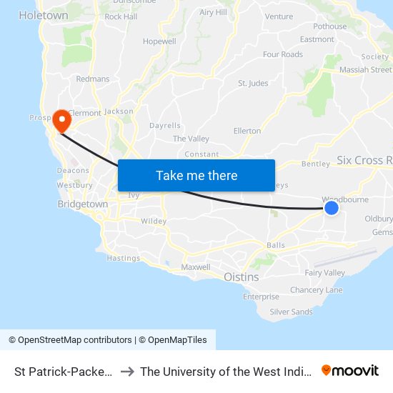 St Patrick-Packers to The University of the West Indies map