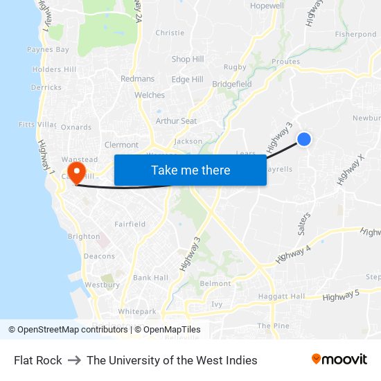 Flat Rock to The University of the West Indies map