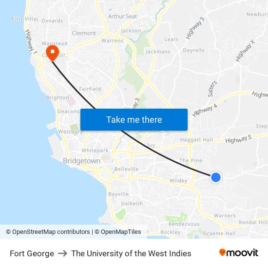 Fort George to The University of the West Indies map