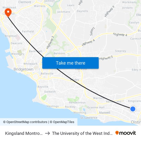 Kingsland Montrose to The University of the West Indies map