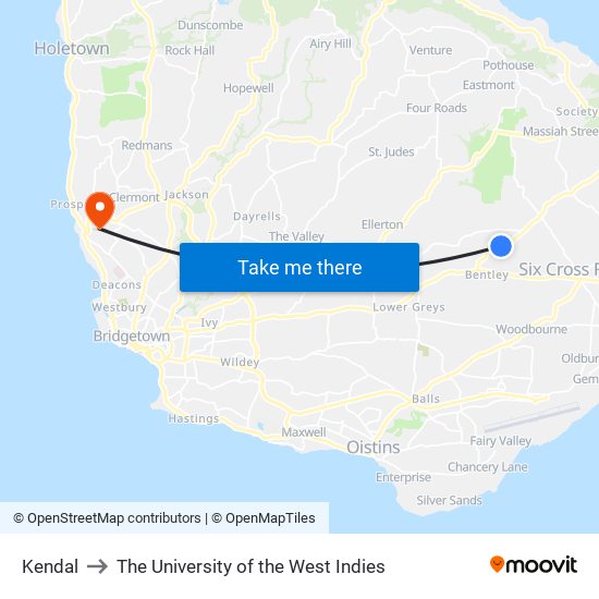 Kendal to The University of the West Indies map
