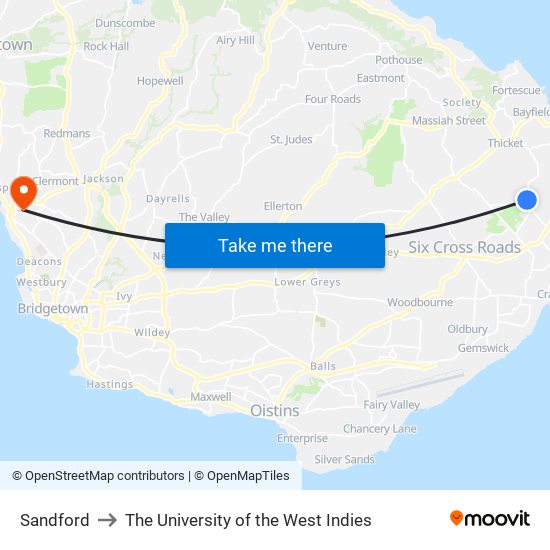 Sandford to The University of the West Indies map