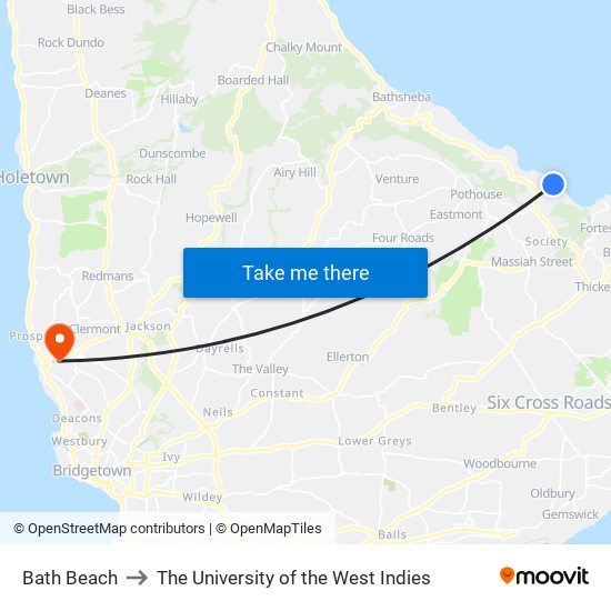 Bath Beach to The University of the West Indies map