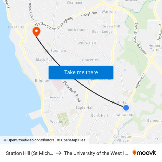 Station Hill (St Michael) to The University of the West Indies map
