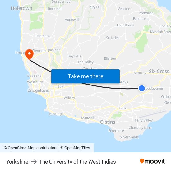 Yorkshire to The University of the West Indies map