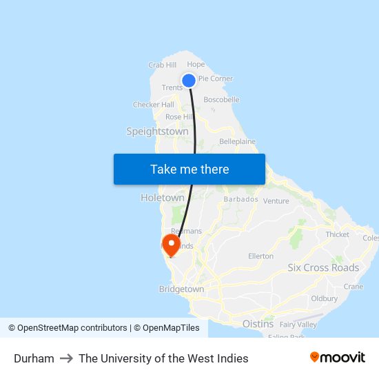 Durham to The University of the West Indies map