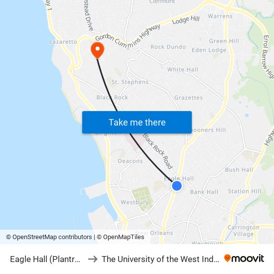 Eagle Hall (Plantrac) to The University of the West Indies map